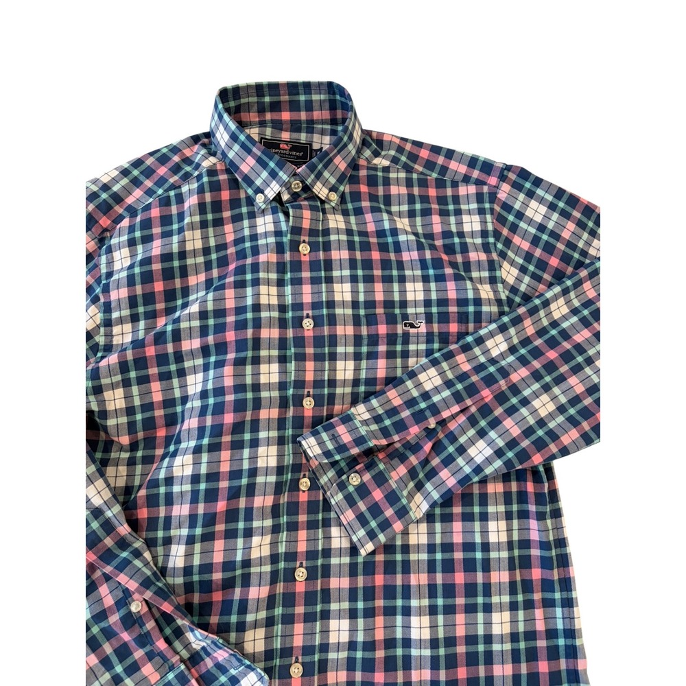 Vineyard Vines Performance Classic Fit Tucker Shirt Mens Medium Blue Pink Plaid